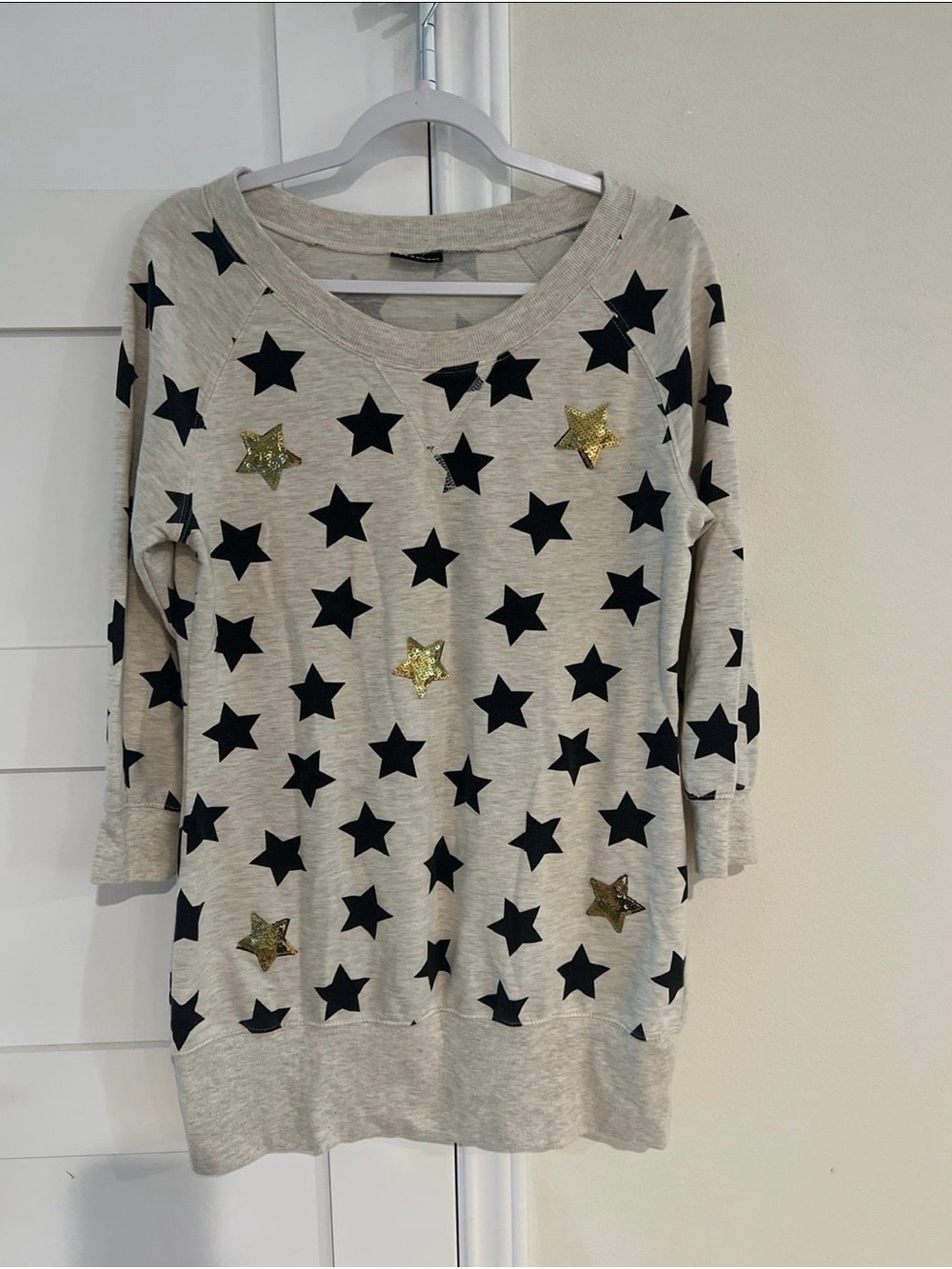 Women’s Joe Boxer Star Print Long Sleeve Top- Cream with Black & Gold Stars